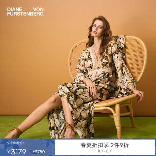 DVF2026春夏新款V领云朵花卉蕾丝拼接绉纱度假风连衣裙DL4T024