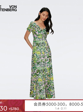DVF绿色度假一字领佩斯利印花连衣裙DS1S046