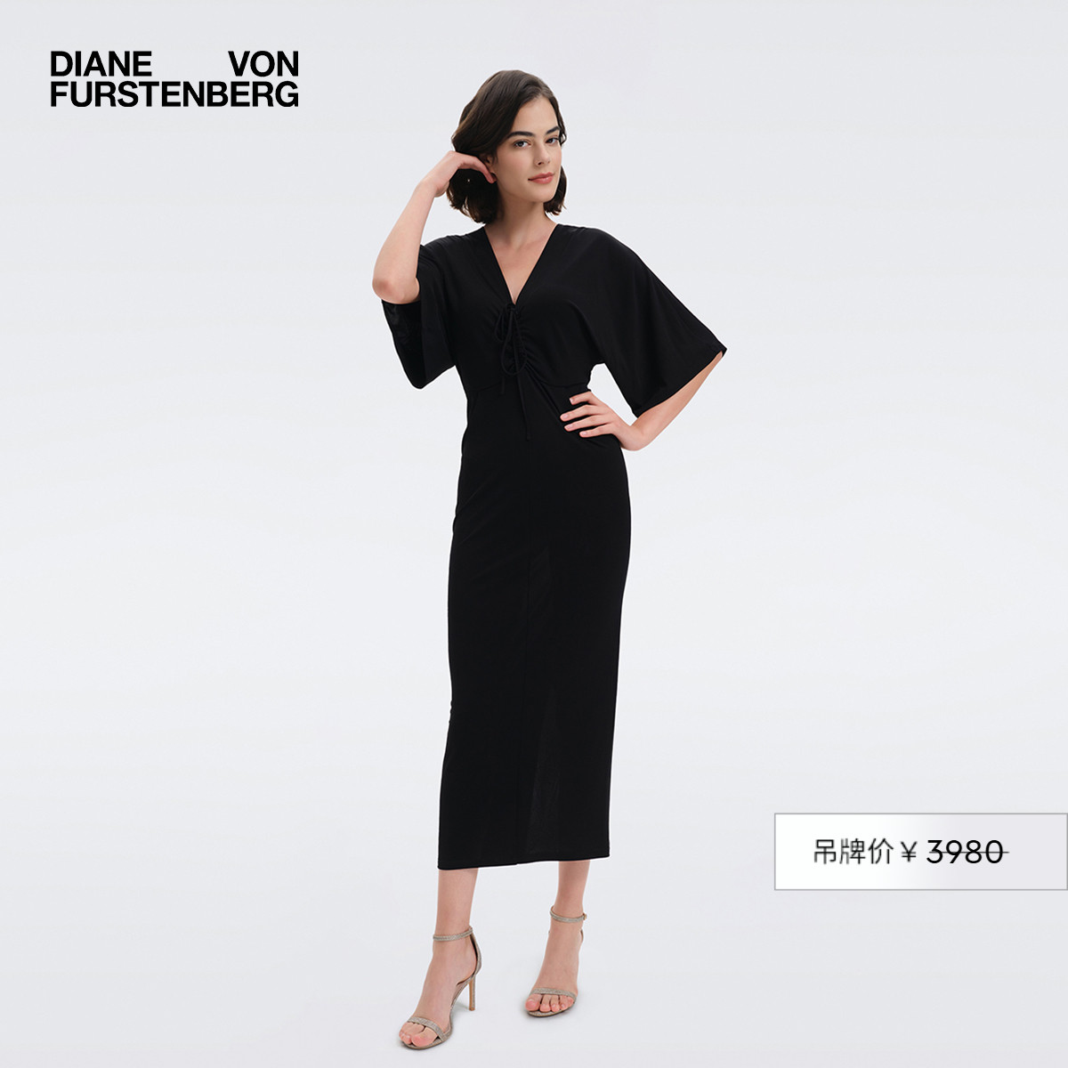 DVF经典黑V领短袖连衣裙