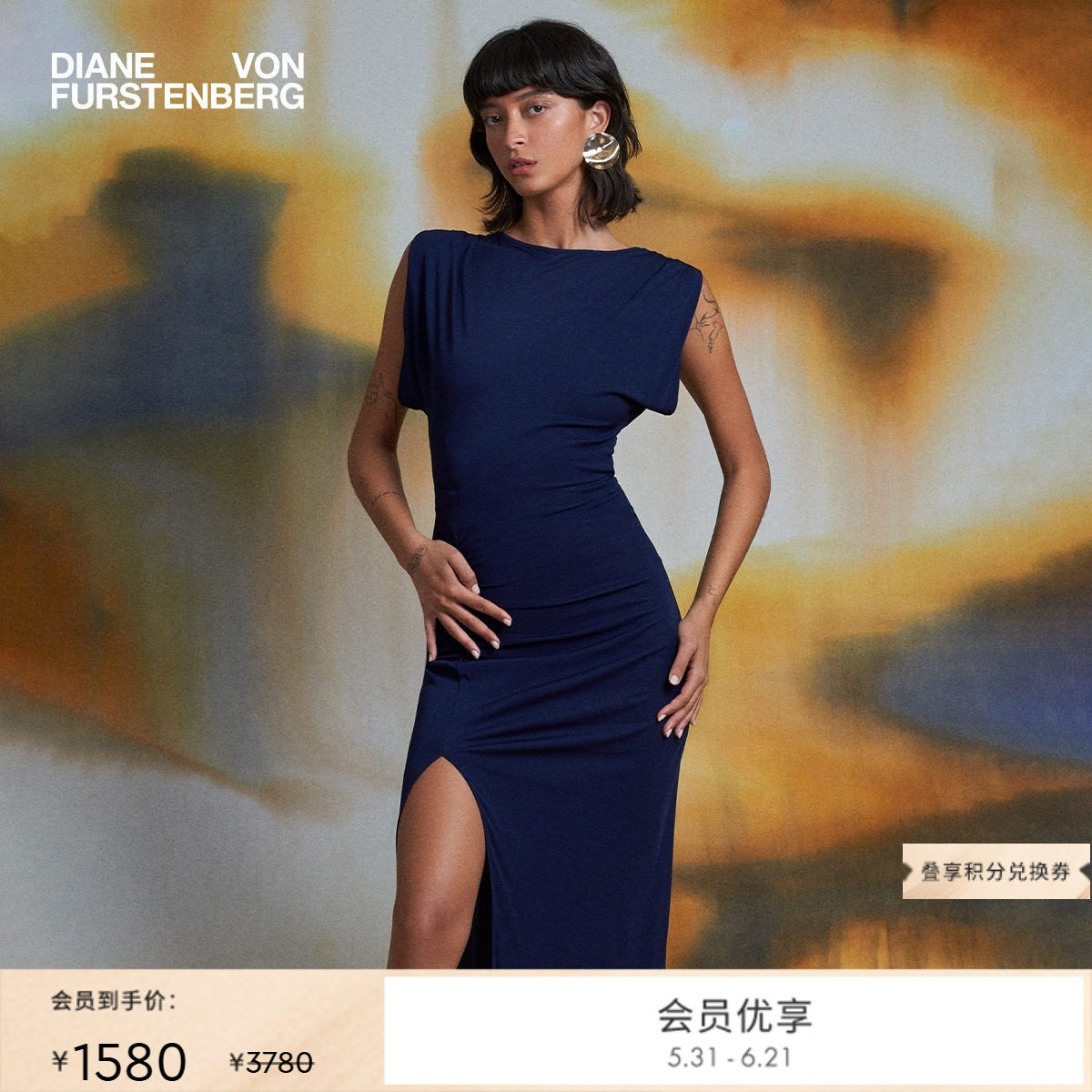 DVF度假圆领侧开叉及踝裙长哑光针织轻薄轻礼服连衣裙DS1S053