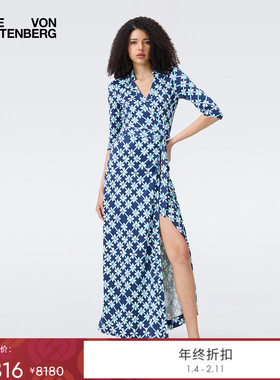 [博主同款][100%真丝]DVF2025秋季新款蓝色格网花裹身裙DW2T008