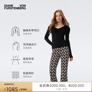 DVF曜石黑泡泡袖 上衣BL1T009 抽绳系带领弹力网纱长袖