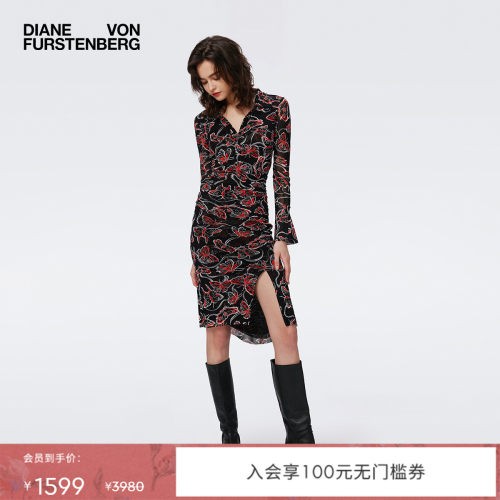 DVF黑红蝴蝶花弹力网纱连衣裙