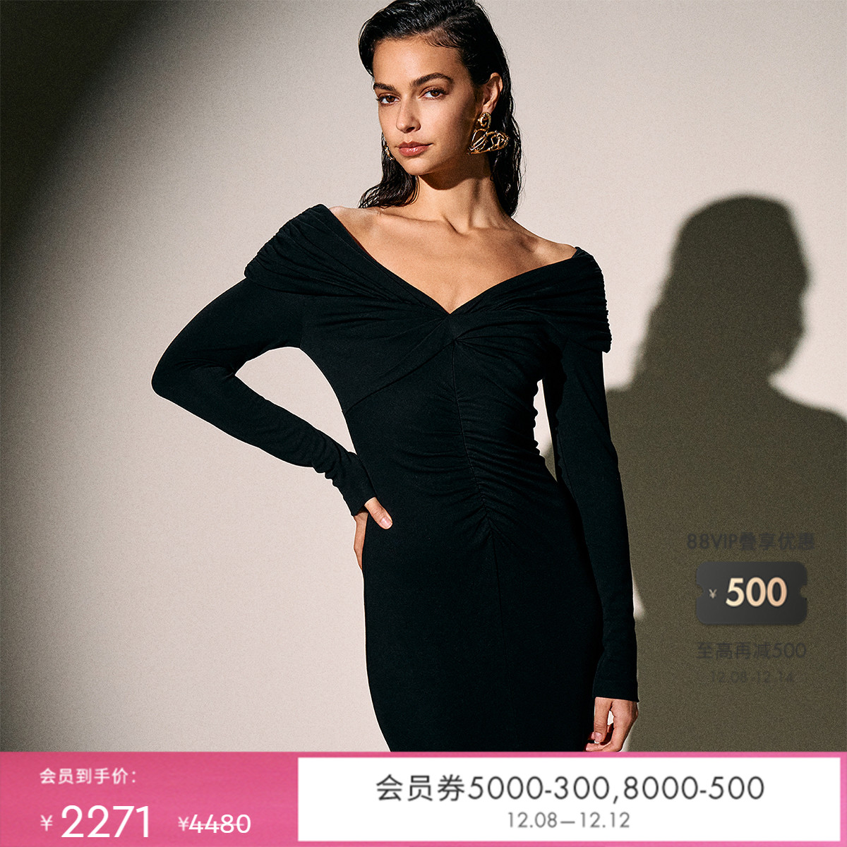 DVF经典黑V领小黑裙连衣裙