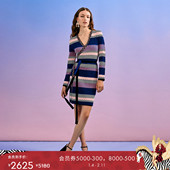 提花工艺 DVF V领条纹提花针织长袖 修身 裹身连衣裙DR4R002