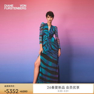 DVF2026早春新款 轻礼服V领金属蓝黑水墨虎纹收腰连衣裙GL4T005