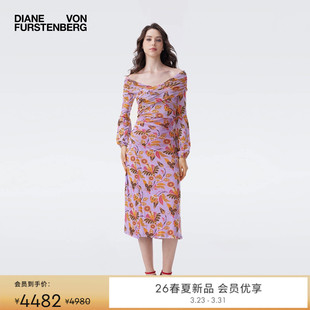 DVF2026早春新款 一字肩淡紫色甜美梦幻花卉度假风连衣裙DL4T011