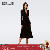 DVF曜石黑V领丝绒烧花连衣裙DL3S056