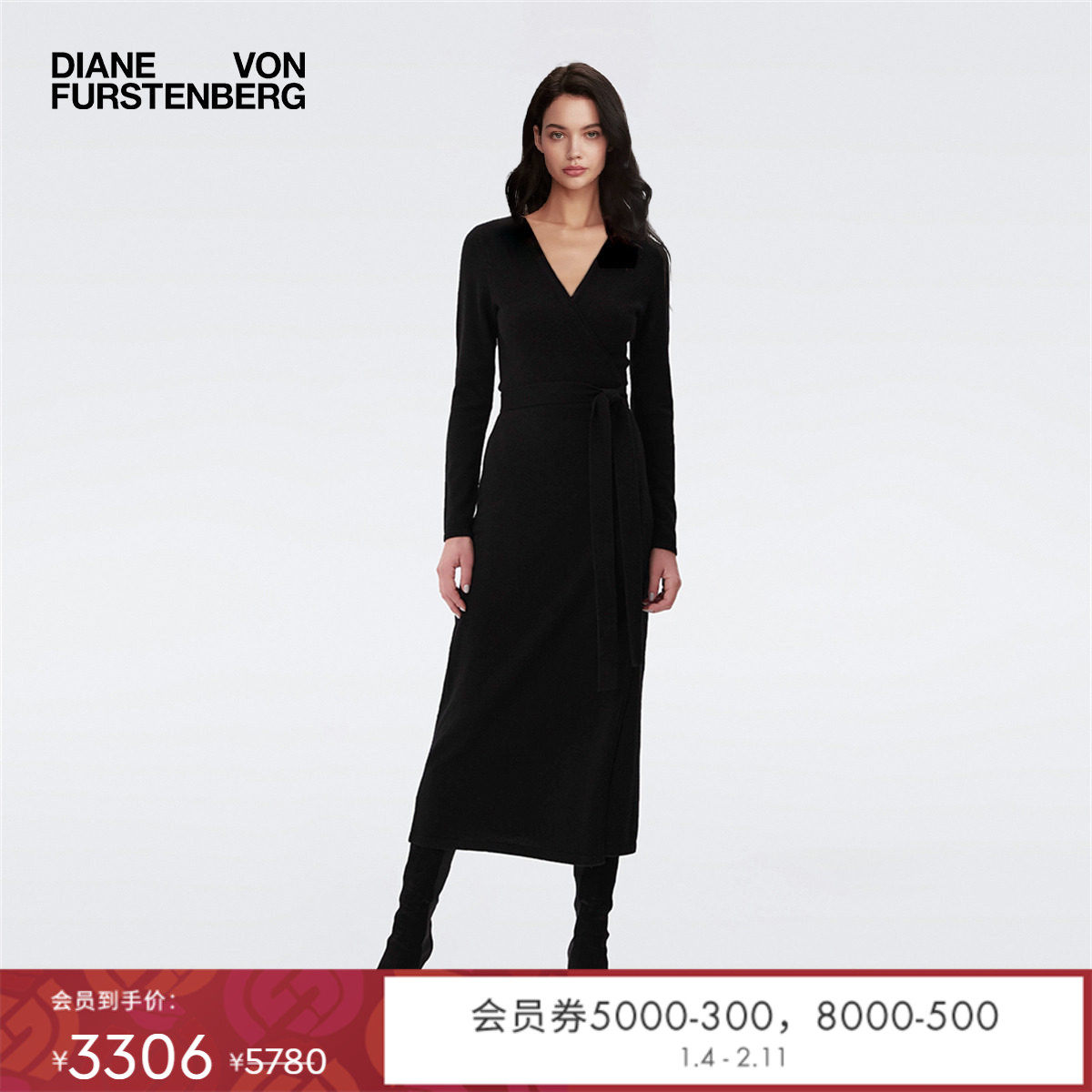 [羊绒/羊毛]DVF秋冬V领高腰混纺长袖中长款针织裹身连衣裙MR43E00,女装/女士精品,连衣裙,淘宝优惠券,粉丝福利购,淘宝优惠卷