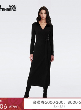 [羊绒/羊毛]DVF秋冬V领高腰混纺长袖中长款针织裹身连衣裙MR43E00