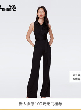 DVF微喇裤POLO领纯色曜石黑无袖气质连体裤PJ2S009