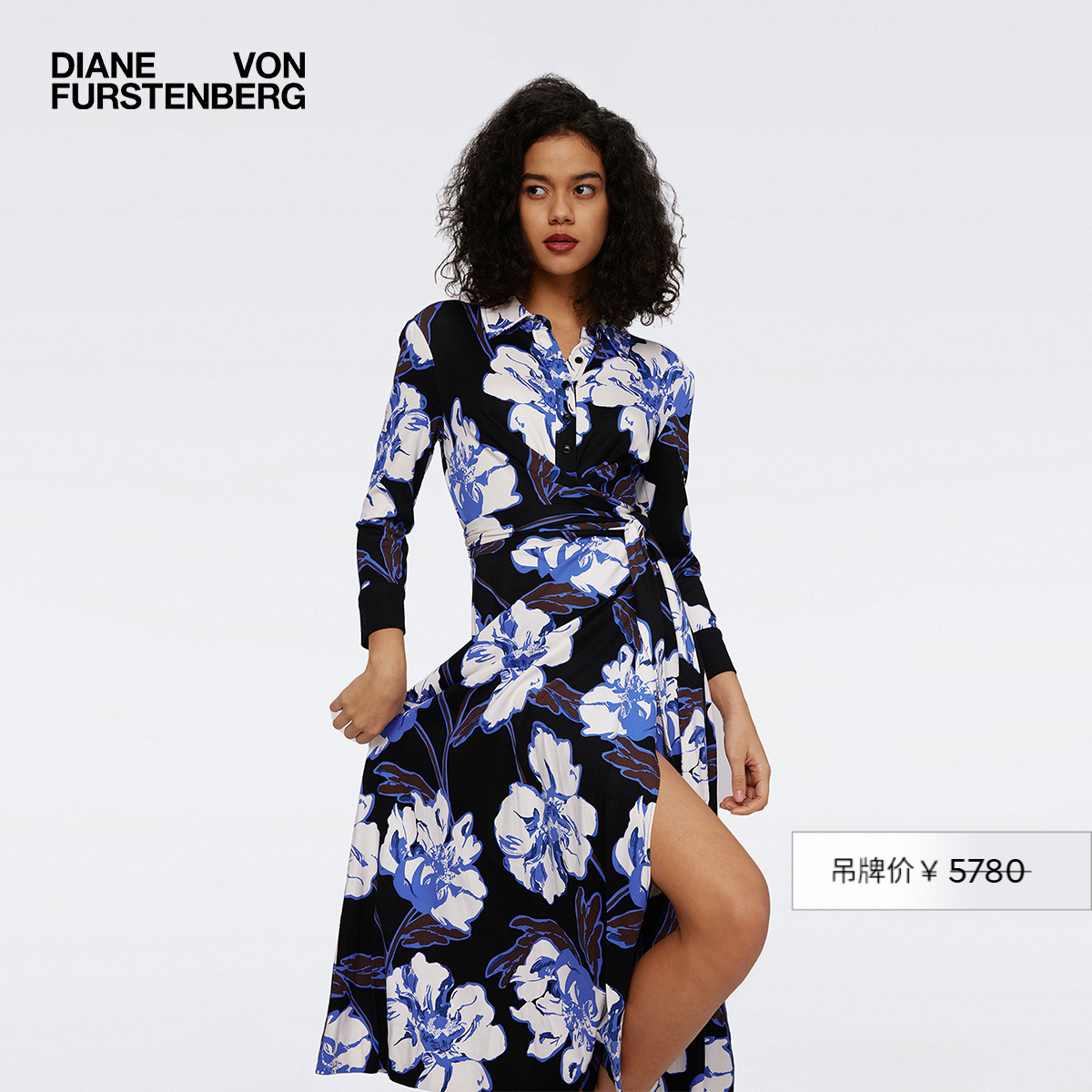 DVF白色芙蓉花POLO领裹身连衣裙