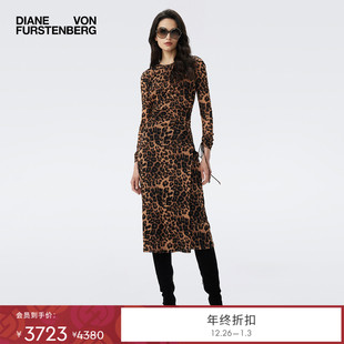 连衣裙 DVF2025秋冬沙漠驼豹纹弹力网纱长袖 弹力网纱