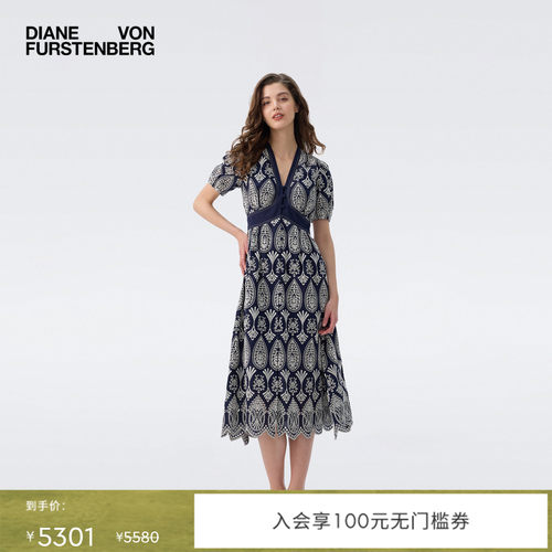 DVF2026早秋新款茶歇裙蓝白佩斯利刺绣连衣裙DS2U010