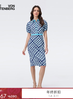 DVF2025秋季新款蓝色格网花泡泡袖连衣裙DS2T016