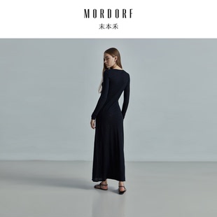 MORDORF羊毛针织高雅连衣裙冬季 收腰轻奢高级气质黑色长裙 修身