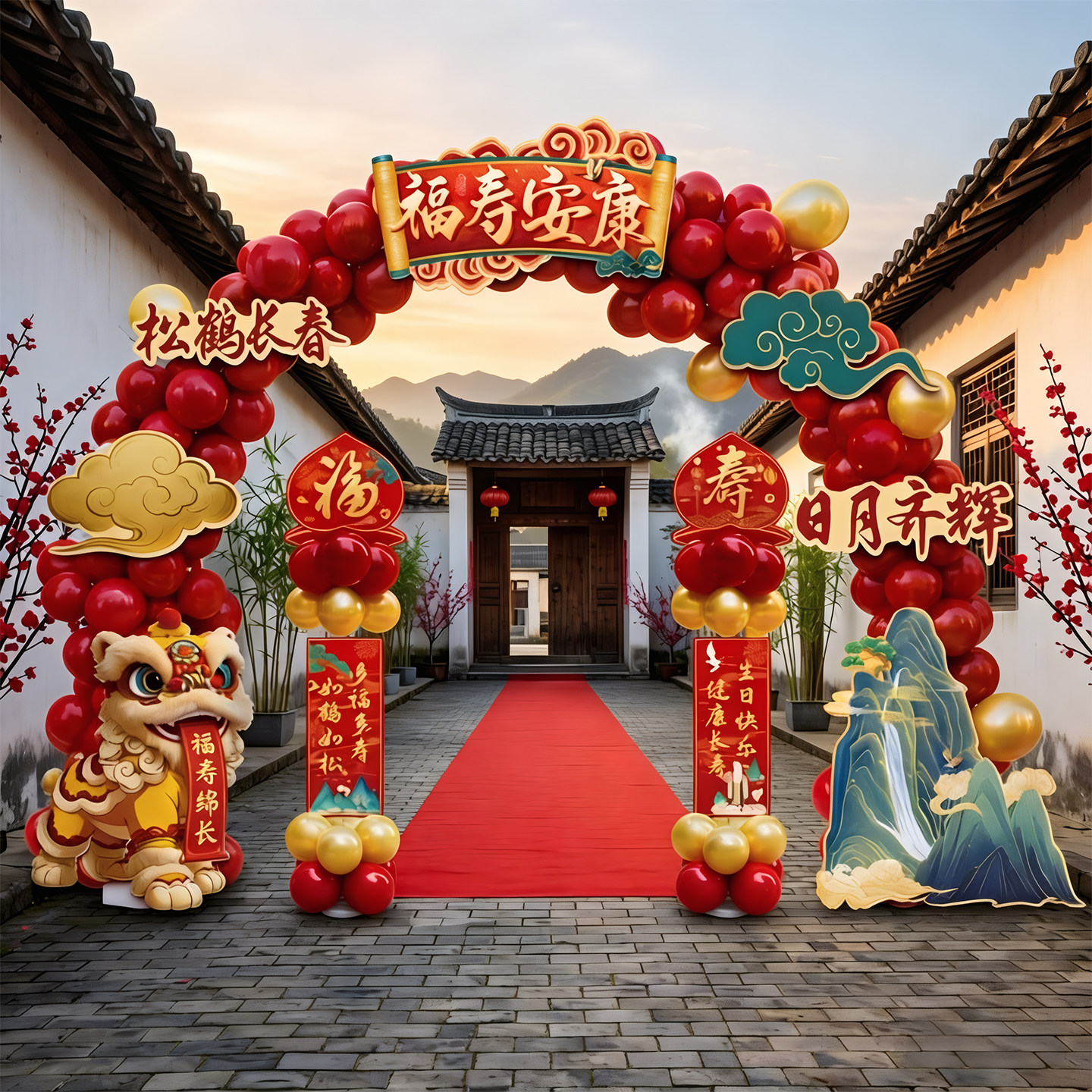 老人八十大寿宴场景布置70祝寿60生日农村院子大门口气球拱门装饰