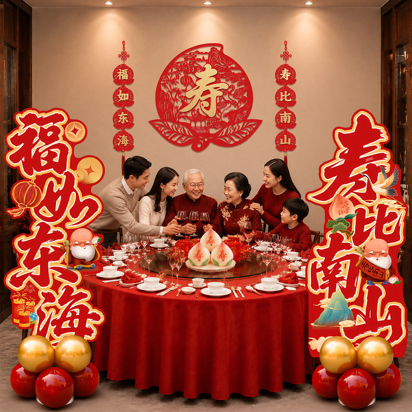 老人寿宴布置祝寿星过大寿生日对联装饰酒店包厢背景墙寿字贴立柱