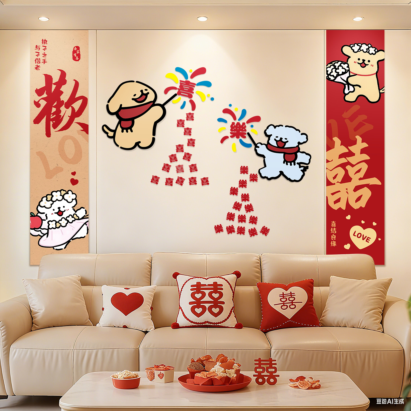 线条小狗kt板婚房背景