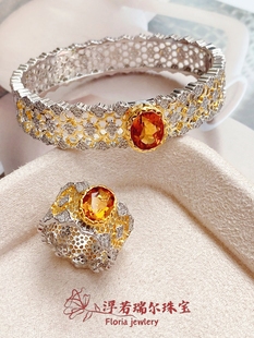 丰巢底国风国潮花纹精工925银戒指手镯 天然黄水晶类蕾丝宽版