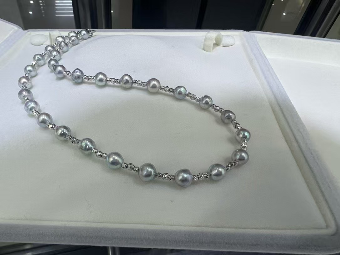 天然真多麻7-8mm海水akoya微巴洛克项链银锁骨链极光设计款清冷