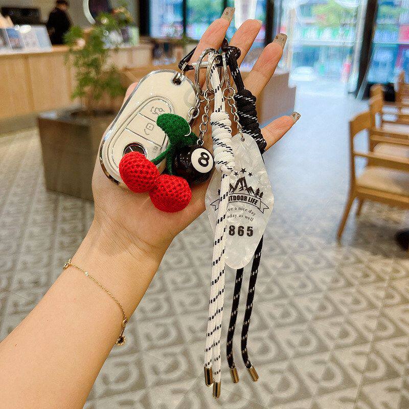 创意手编绳编织樱桃挂件网球相机个性编织绳台球汽车钥匙链包挂饰