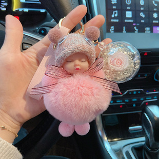 软萌睡眠娃娃獭兔毛球钥匙扣永生花玫瑰球针织毛线帽玩偶挂件