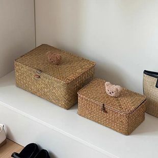 客厅桌面杂物化妆品收纳篮子 家用藤编织收纳筐带盖手工海草编日式