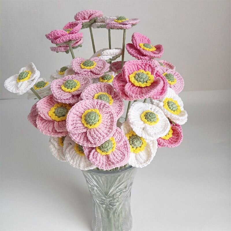 文艺时尚毛线手工编织仿真花粉色虞美人假花花束家居花艺装饰摆