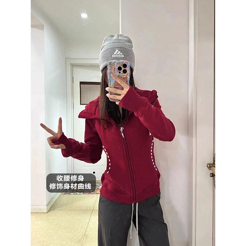 红色修身卫衣外套女春秋正肩收腰连帽上衣开 春韩系chic穿搭早春