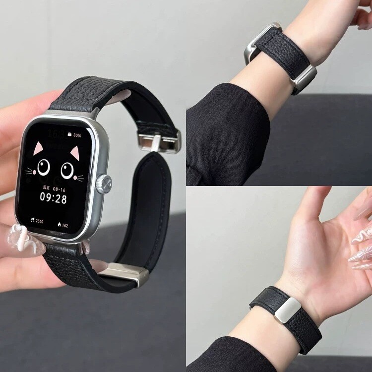适用新款红米watch4/5/6荔枝纹真皮表带小米手环9/8pro磁吸扣表带
