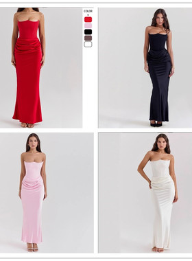 红色长裙女裙 Women red strapless long fishtail skirt dresses