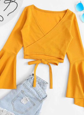 2020秋季新款速卖通亚马逊热卖ebay喇叭袖V领露脐长袖T恤系带上衣