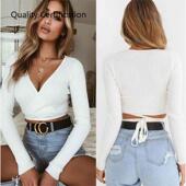 Top Sleeve Khaki White Long shirt Sexy neck