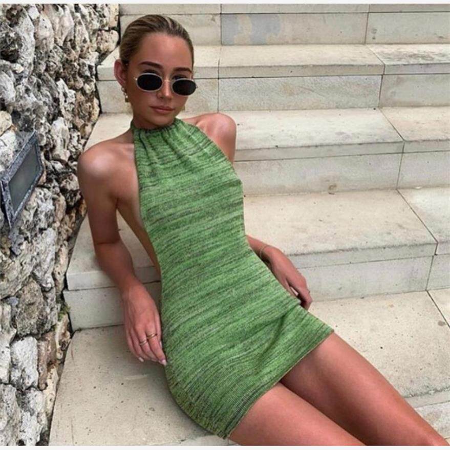 欧美风女装ins网红款气质挂脖吊带大露背连衣裙针织海边度假短裙
