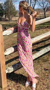 Ahagaga 欧美夏日小清新碎花裙性感V领蕾丝拼接吊带长款连衣裙女