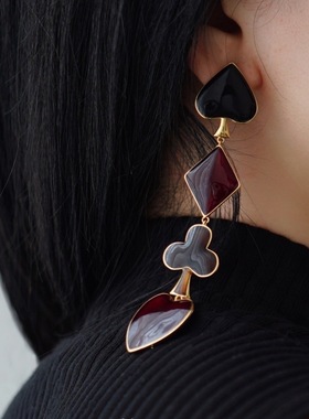 Poker/Vesper原创扑克珐琅扫肩金色耳钉小众设计耳饰高级耳夹耳坠