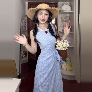 海边度假沙滩裙 法式 掐腰蓝色格子背心连衣裙子女夏季 2025新款 无袖