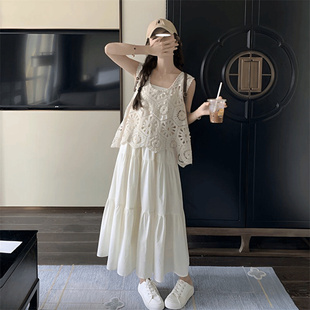 洋气减龄吊带裙两件套 镂空钩花马甲连衣裙套装 女夏季 2025新款 法式