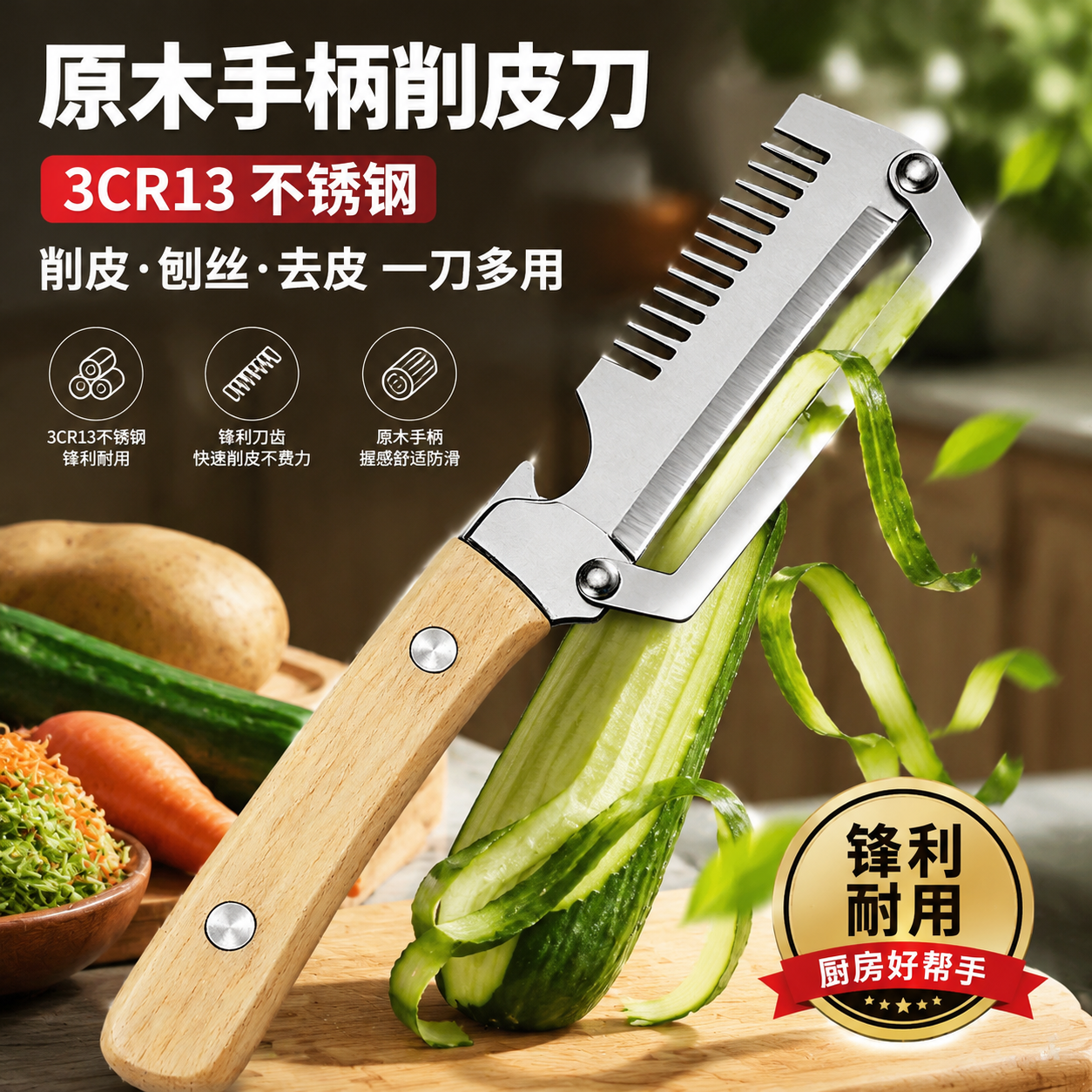 不锈钢削皮刀多功能三合一葱丝刀削皮器刮大葱神器厨房削水果瓜刨
