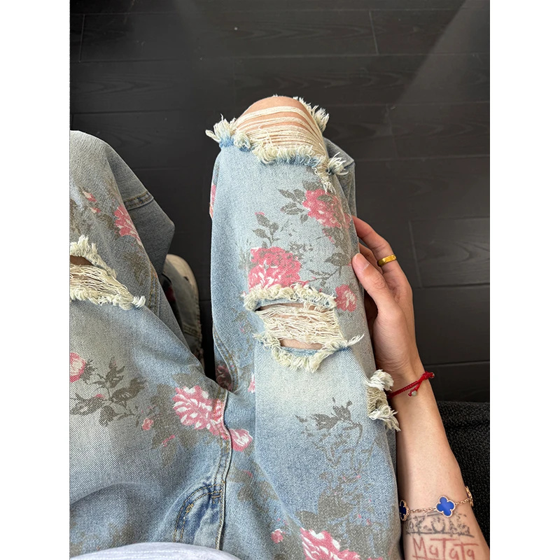 破洞裤子男装牡丹花卉潮牌高街直筒高街美式夏季hiphop牛仔裤薄款