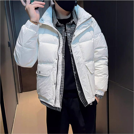 假两件羽绒服男2023新款冬装加厚千鸟格潮牌修身高级感冬季男外套