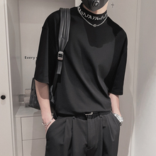 七分短袖T恤男士夏季2024新款男装上衣男款刺绣半高领中袖打底衫