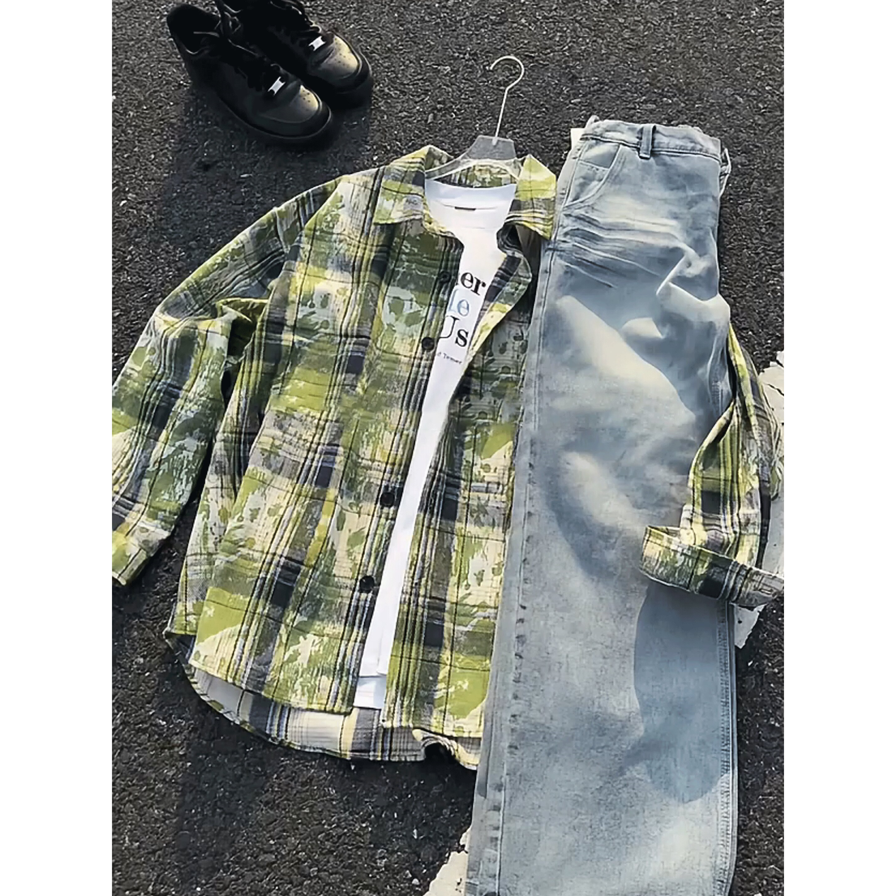 牛油果绿扎染格子衬衫男款