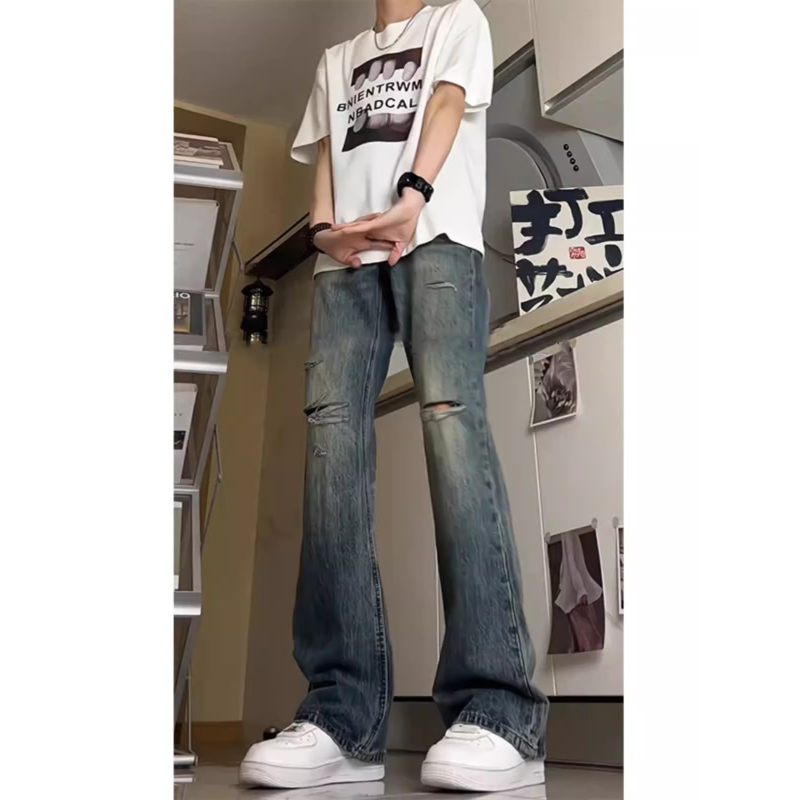 深蓝色破洞牛仔裤男夏季高腰水洗做旧cleanfit美式高街微喇直筒裤