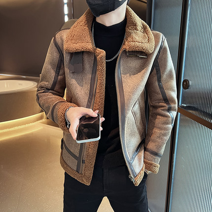 复古麂皮绒羊羔毛外套男士夹克加绒加厚冬季皮毛一体大码机车皮衣
