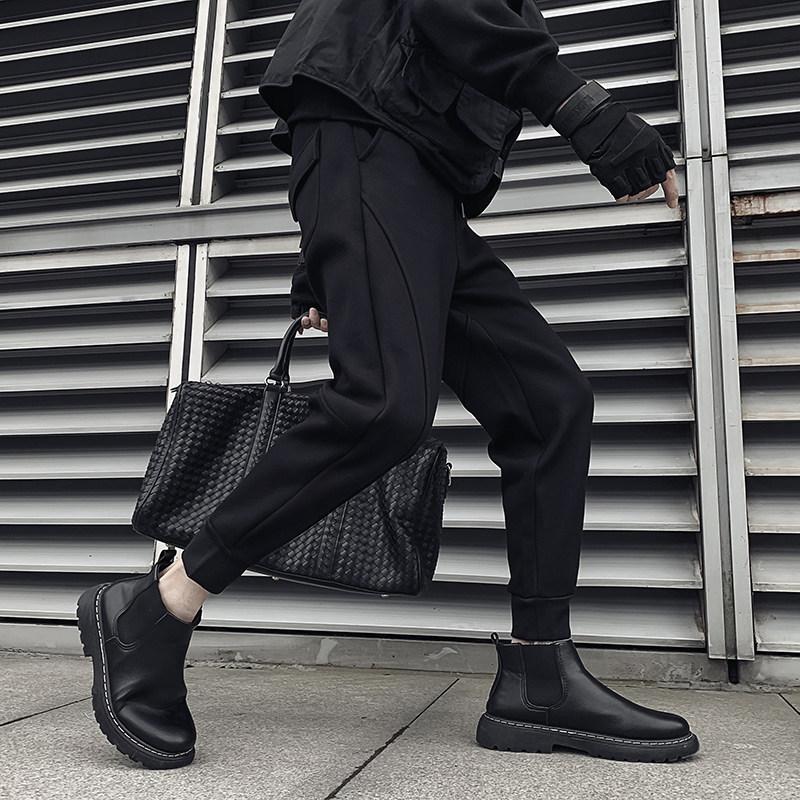 配马丁靴束脚裤子男秋冬加绒加厚休闲裤韩版ins潮流运动保暖卫裤