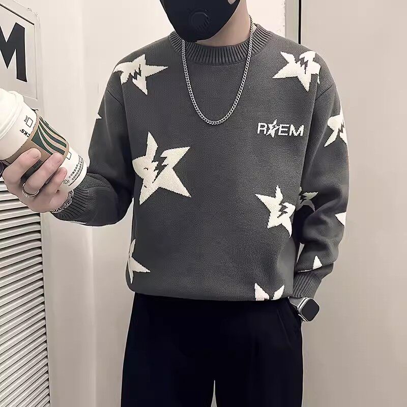 五角星毛衣男士提花加厚打底衫长袖2024新款秋冬款保暖内搭针织衫