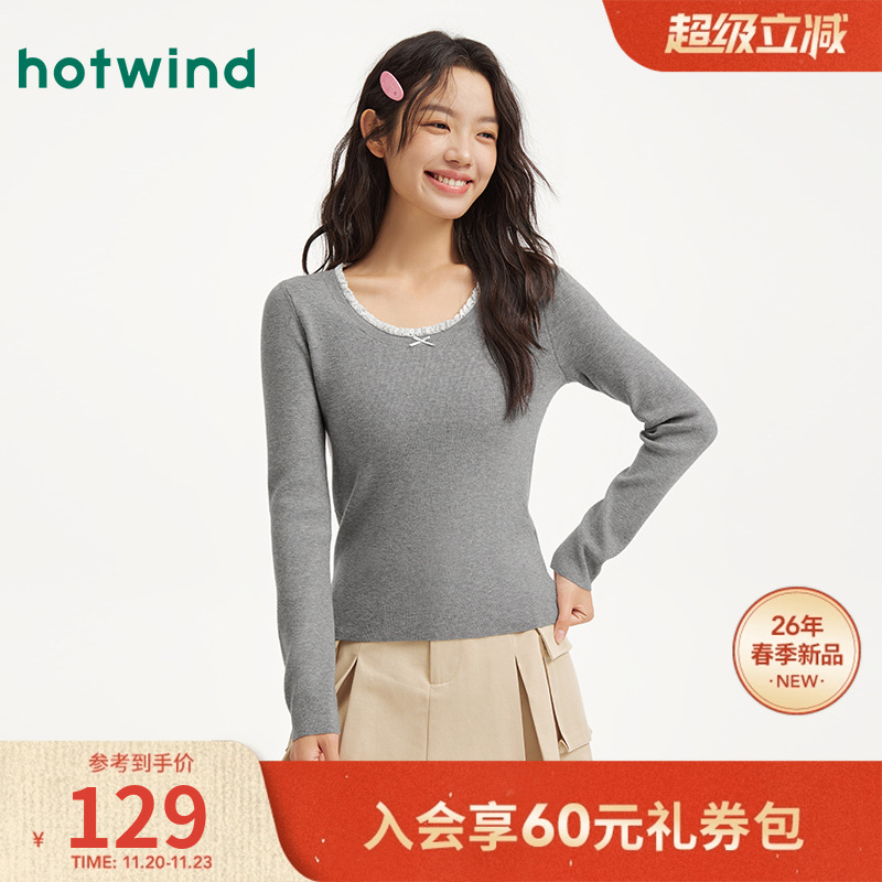 热风2026年春季女士花边领针织衫