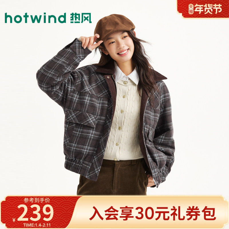 热风2025年冬季新款女士复古翻领格纹棉外套拼接短外套宽松型